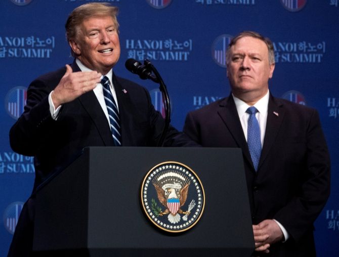 United States President Donald John Trump, accompanied by US Secretary of State Mike Pompeo, at a news conference in Hanoi, February 28, 2019, following talks with North Korean dictator Kim Jong Un. Photograph: Andrew Harnik/Pool/Reuters