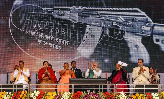 Prime Minister Narendra Damodardas Modi launches a Kalashnikov rifles manufacturing facility in Amethi, Uttar Pradesh, March 3, 2019. Photograph: PTI Photo