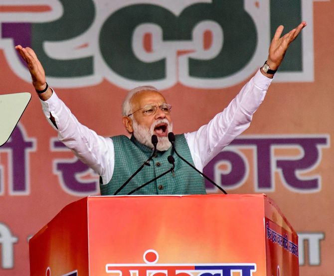 Prime Minister Narendra Damodardas Modi at a rally at the Gandhi Maidan in Patna, March 3, 2019. Photograph: PTI Photo