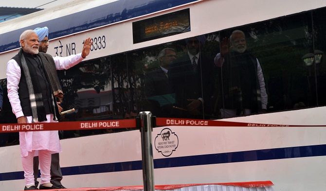 Prime Minister Narendra Damodardas Modi flags off the Vande Bharat Express at New Delhi railway station on February 15, 2019, the day after a suicide bomber killed 40 CRPF jawans in Pulwama, Kashmir. Photograph: PTI Photo