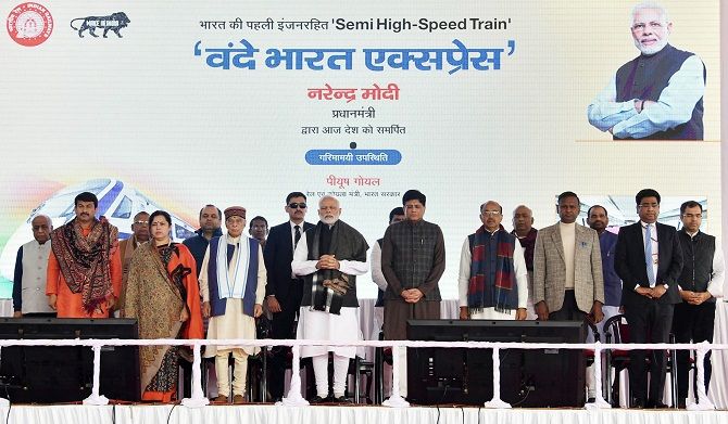 Prime Minister Narendra Damodardas Modi at the flagging off ceremony of the Vande Bharat Expres at New Delhi Railway Station on February 15, 2019. Union Minister for Railways and Coal Piyush Goyal, Minister of State for Finance Shiv Pratap Shukla, Minister of State for Parliamentary Affairs and Statistics & Programme Implementation Vijay Goel, Chairman, Railway Board, Vinod Kumar Yadav and other dignitaries are seen. Photograph: ANI Photo