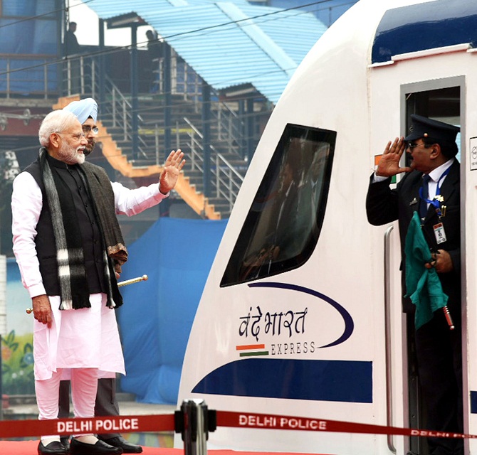 Prime Minister Narendra Damodardas Modi flags off the Vande Bharat Express. Photograph: ANI Photo