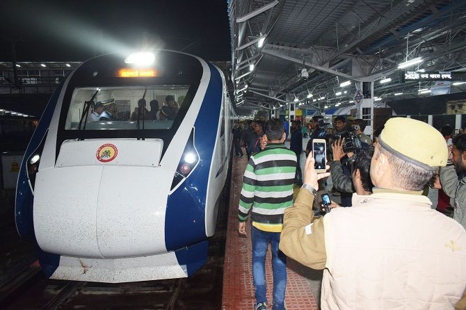 The Vande Bharat Express arrives at Allahabad station on February 15, 2019. Photograph: ANI Photo