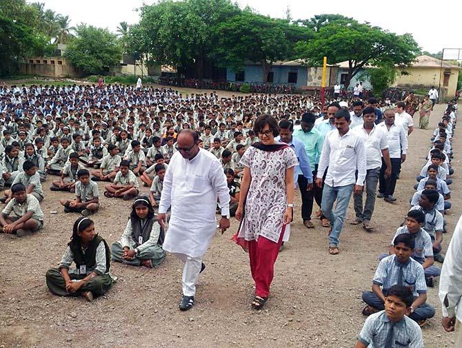 Nila visits the school her father, grandfather and great grandfather went to in Loni, Ahmednagar, and gave a speech. Photograph: Kind courtesy Nila Vikhe Patil.