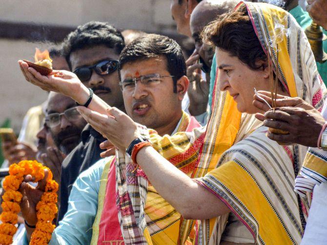 Priyanka Gandhi Vadra at Assi Ghat in Varanasi, March 20, 2019. Photograph: PTI Photo