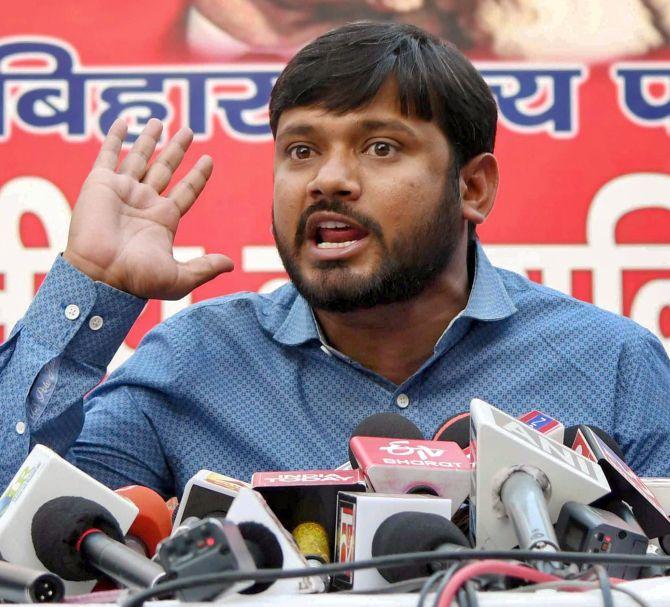 Kanhaiya Kumar addresses a press conference in Patna. Photograph: PTI Photo