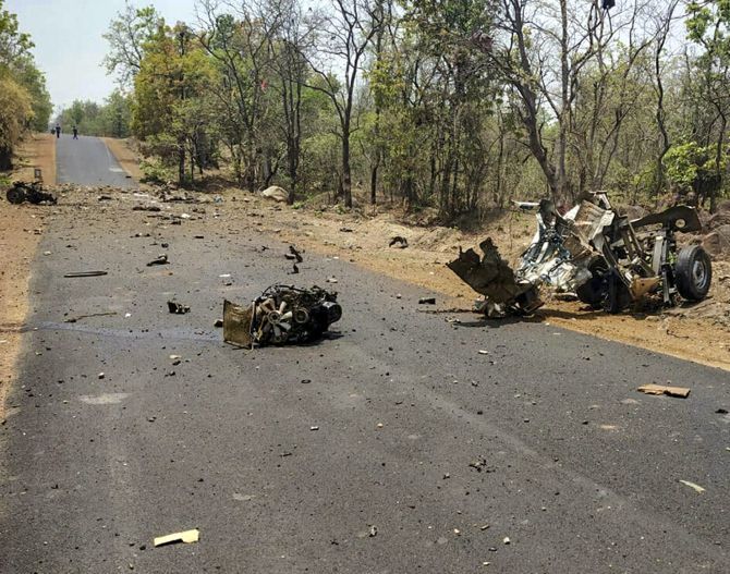 Mangled remains of a police vehicle, carrying 16 security personnel that was blasted by Maoists, in Gadchiroli, May 1, 2019. Photograph: PTI Photo