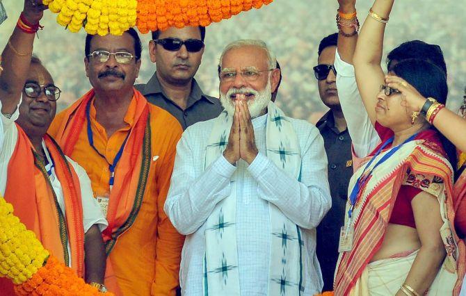 Prime Minister Narendra Damodardas Modi at an election rally at Haldia in East Midnapore district, West Bengal May 6, 2019. Photograph: PTI Photo