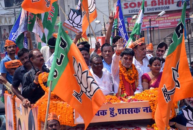 Bhartiya Janata Party candidate from Patliputra Ramkripal Yadav Addresses a roadshow during filing his nomination at District Magistrate office for Lok Sabha elections 2019 in Patna. Photograph: ANI Photo