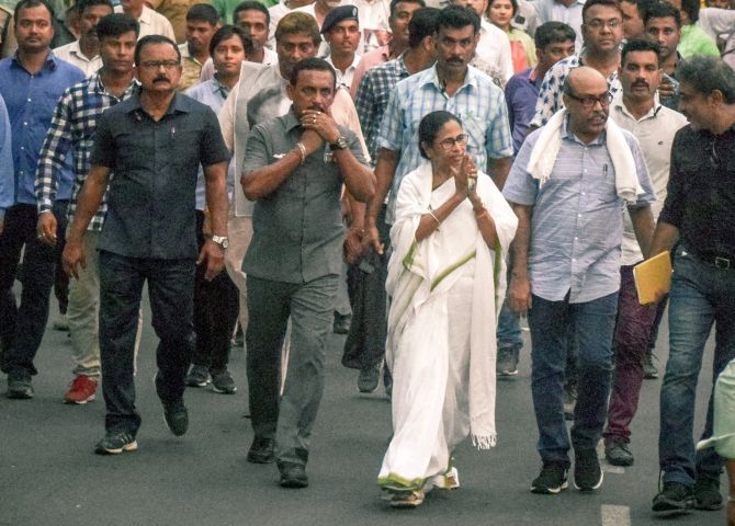 West Bengal Chief Minister Mamata Banerjee during her 7 km march to protest against poll violence in the state, May 15, 2019. Photograph: ANI Photo