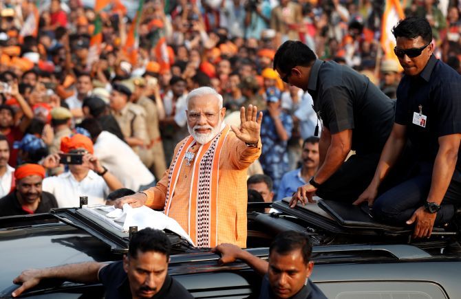 Narendra Damodardas Modi during his road show in Varanasi, April 25, 2019.