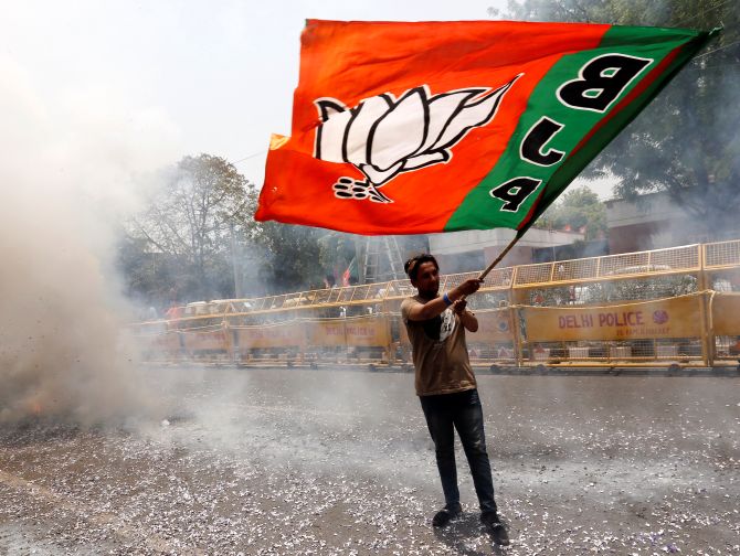 Celebrations outside the Bharatiya Janata Party's national headquarters in New Delhi. Photograph: Adnan Abidi/Reuters