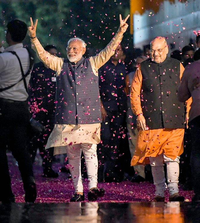 Prime Minister Narendra Damodardas Modi with Bharatiya Janata Party President Amit Anilchandra Shah, May 23, 2019. Photograph: PTI Photo