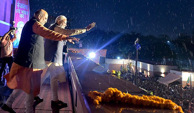 Prime Minister Narendra Damodardas Modi and Bharatiya Janata Party President Amit Anilchandra Shah acknowledge the cheers of BJP supporters in New Delhi, May 23, 2019. Photograph: PTI Photo