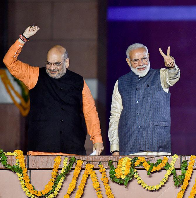 Prime Minister Narendra Damodardas Modi with Bharatiya Janata Party President Amit Anilchandra Shah, May 23, 2019. Photograph: PTI Photo