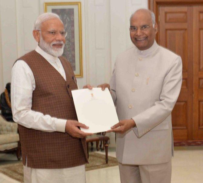 President Ram Nath Kovind invites National Democratic Alliance leader Narendra Damodardas Modi to form the government, May 25, 2019. Photograph: Rashtrapati Bhavan