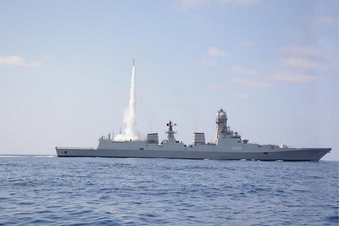 The Indian Navy achieved a significant milestone in enhancing its Anti Air Warfare Capability with the maiden cooperative engagement firing of the Medium Range Surface to Air Missile. Photograph: ANI Photo