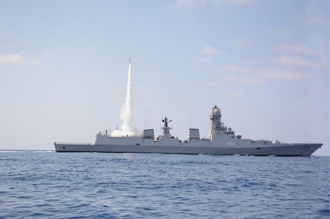 The Indian Navy achieved a significant milestone in enhancing its Anti Air Warfare Capability with the maiden cooperative engagement firing of the Medium Range Surface to Air Missile. Photograph: ANI Photo