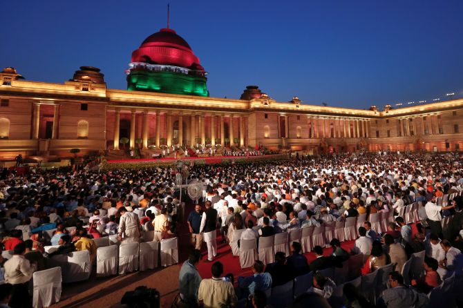 IMAGE: A view of Prime Minister Narendra Damodardas Modi's swearing-in ceremony at Rashtrapati Bhavan on May 30, 2019. Photograph: Adnan Abidi/Reuters