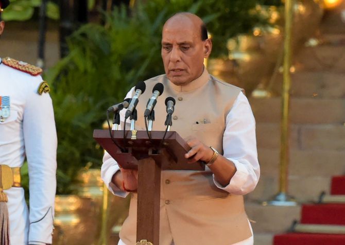 IMAGE: Rajnath Singh being sworn in as a Cabinet minister on May 30, 2019. Photograph: Vijay Verma/PTI Photo