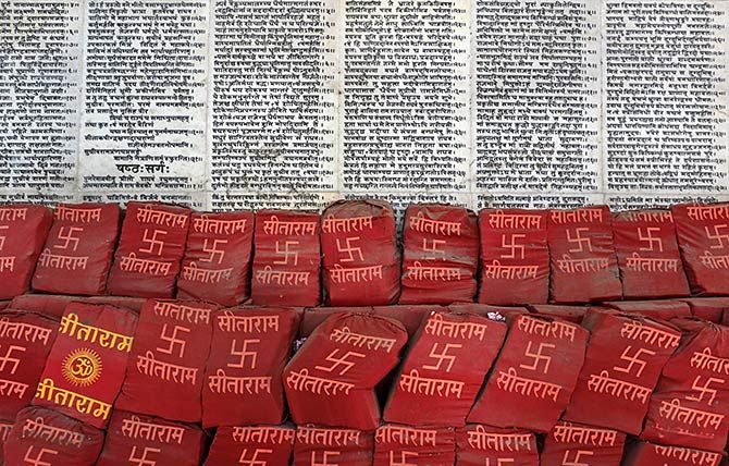 A wall with the inscription of the Ramayana seen inside a temple in Ayodhya, in this photograph taken October 22, 2019. Photograph: Danish Siddiqui/Reuters