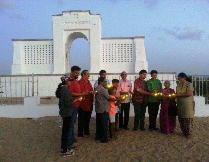 Kamakshi Paatti, second from right, with volunteers at the Karl Schmidt memorial on Elliot's Beach, Chennai.