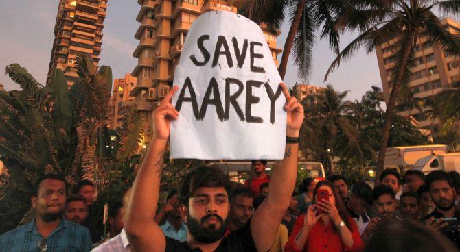 Mumbai-ites stage a protest demanding that the Mumbai Metro Rail Corp Ltd not cut trees at Aarey to build a Metro parking shed. Photograph: Prashant Waydande/Reuters