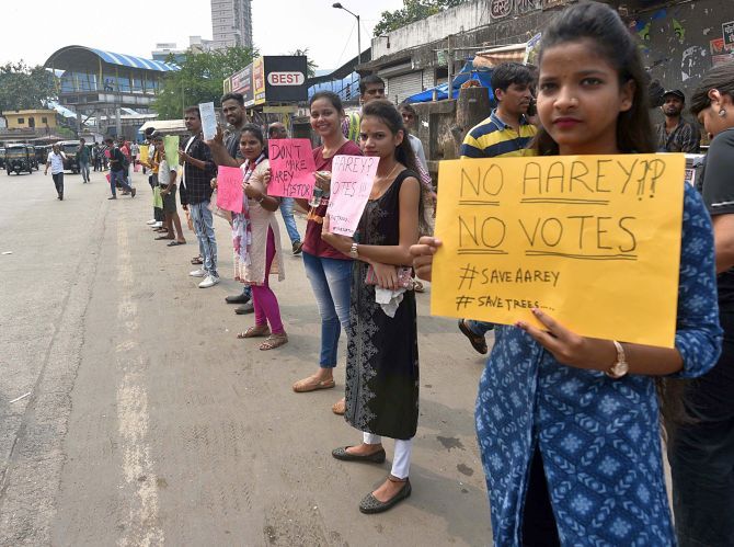 Since Friday, several protests have taken place across the city of Mumbai demanding that the trees not be felled at Aarey. Photograph: ANI Photo