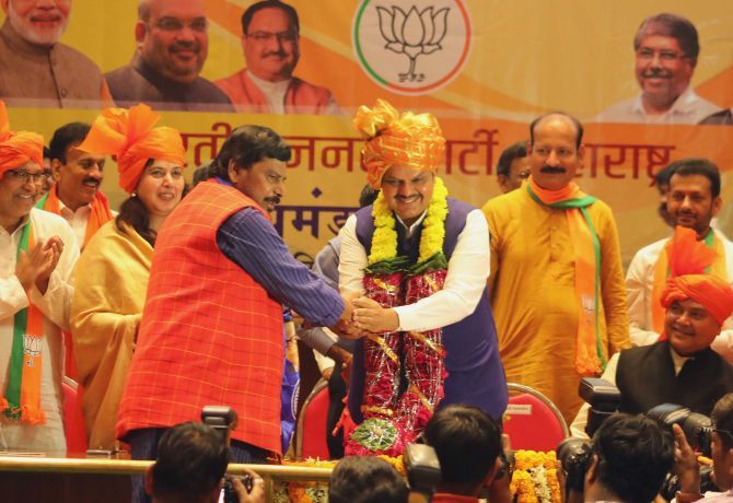Bharatiya Janata Party leader Devendra Fadnavis, right, with Republican Party of India (Athavale) leader Ramdas Athavale in Mumbai, October 30, 2019. Photograph: Sahil Salvi