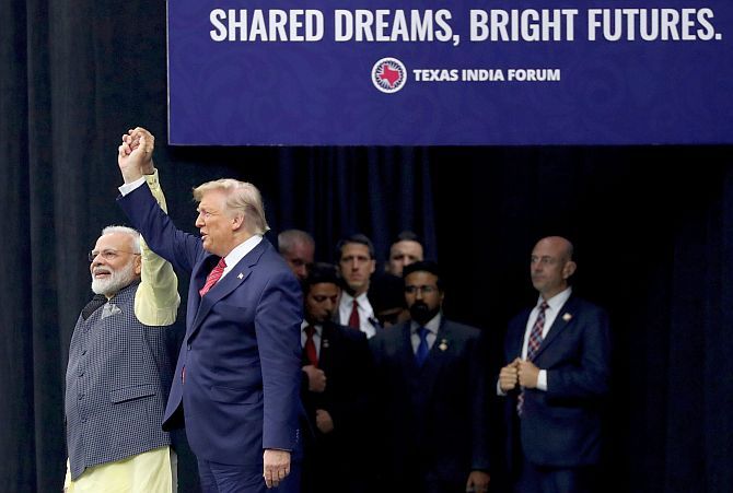 Prime Minister Narendra D Modi and US President Donald J Trump at the Howdy Modi event in Houston, September 22, 2019. Photograph: Jonathan Ernst/Reuters