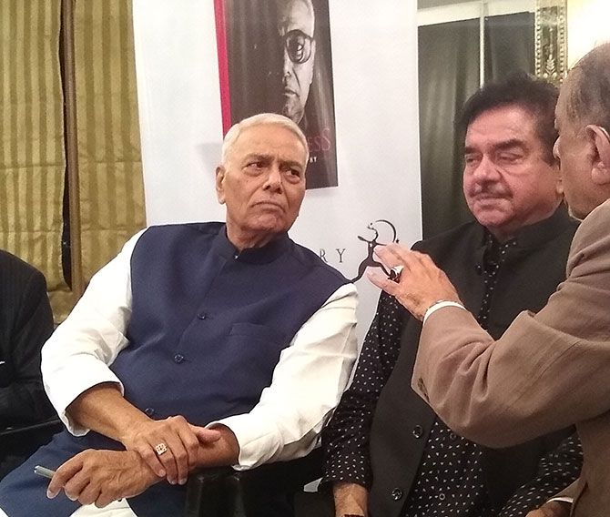 Former finance minister Yashwant Sinha with Shatrughan Sinha. Photograph: Vaihayasi Pande Daniel/Rediff.com.
