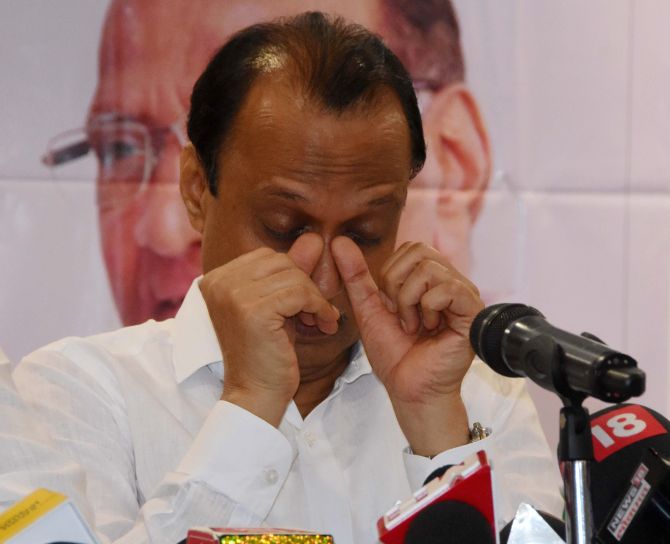 Resigning as an MLA in September 2019, an emotional Ajit Pawar said he was hurt by the allegations against him and Nationalist Congress Party President Sharad Pawar. Photograph: Photograph: Sahil Salvi