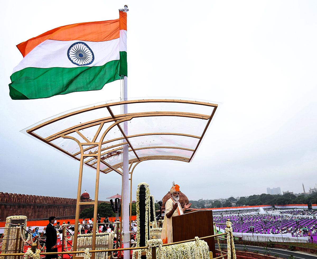 Prime Minister Narendra Damodardas Modi addresses the nation from the ramparts of the Red Fort,August 15, 2020. Photograph: Press Information Bureau