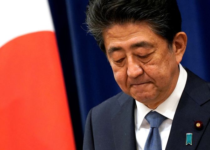 Japanese Prime Minister Abe Shinzo at the news conference at the prime minister's official residence in Tokyo, August 28, 2020, where he announced his resignation. Photograph: Franck Robichon/Pool/Reuters