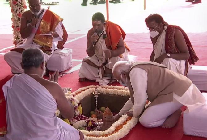 Prime Minister Narendra Damodardas Modi lays the foundation stone for the new Parliament building, December 10, 2020. Photograph: PTI Photo