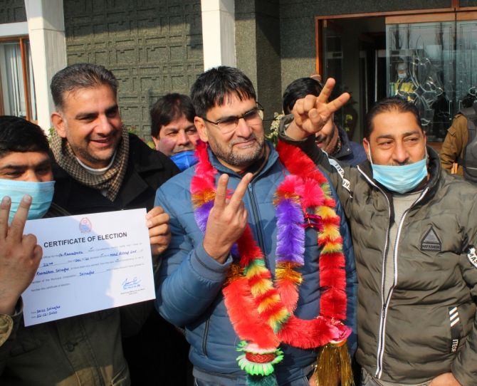 A victorious candidate in Kashmir in the district election in Jammu and Kashmir. Photograph: Umar Ganie for Rediff.com