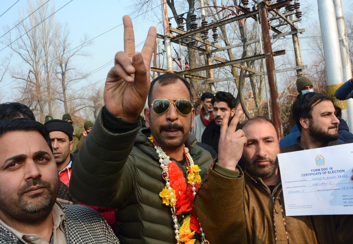 A victorious candidate in Kashmir in the district election in Jammu and Kashmir. Photograph: Umar Ganie for Rediff.com