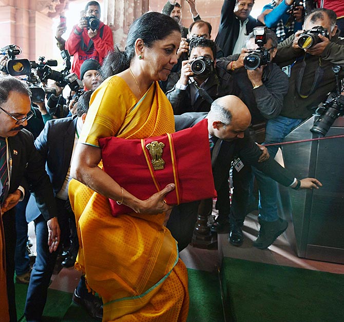 Finance Minister Nirmala Sitharaman arrives in Parliament to present the Union Budget, February 1, 2020. Photograph: Press Information Bureau