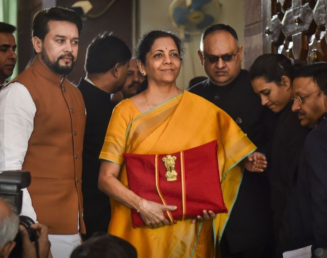 Finance Minister Nirmala Sitharaman on her arrival at Parliament, for her second Budget, February 1, 2020. Photograph: Manvender Vashist/PTI Photo