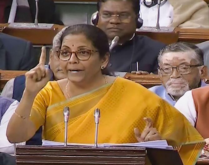 Finance Minister Nirmala Sitharaman delivers the Budget speech in Parliament, February 1, 2020.