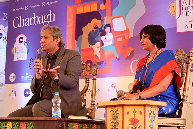 Magsaysay Award winner Raveesh Kumar, an oracle for our times, left, with author Nilanjana Roy at the Jaipur LitFest. Photograph: Kind courtesy JLF/Twitter