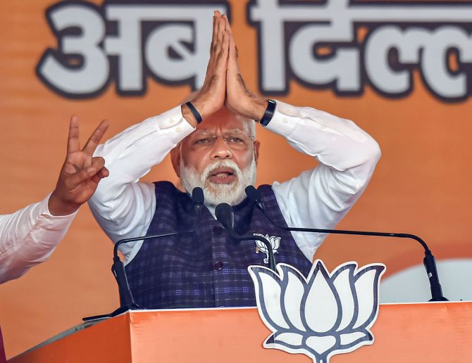 Prime Minister Narendra Damodardas Modi at an election rally in Dwarka, New Delhi, February 4, 2020. Photograph: Ravi Choudhary/PTI Photo