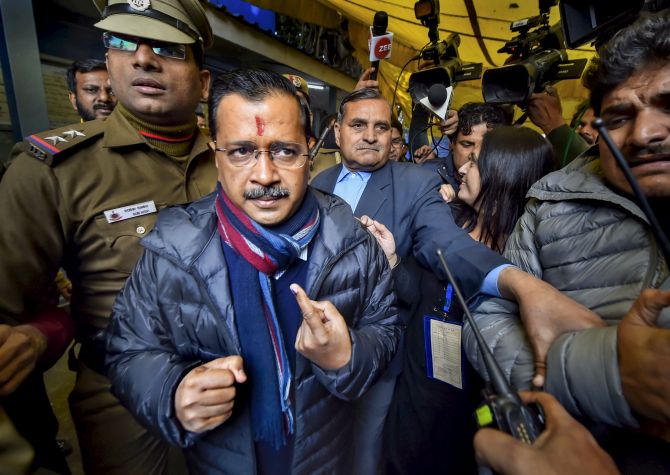Delhi Chief Minister Arvind Kejriwal after casting his vote, February 8, 2020. Photograph: Ravi Choudhary/PTI Photo
