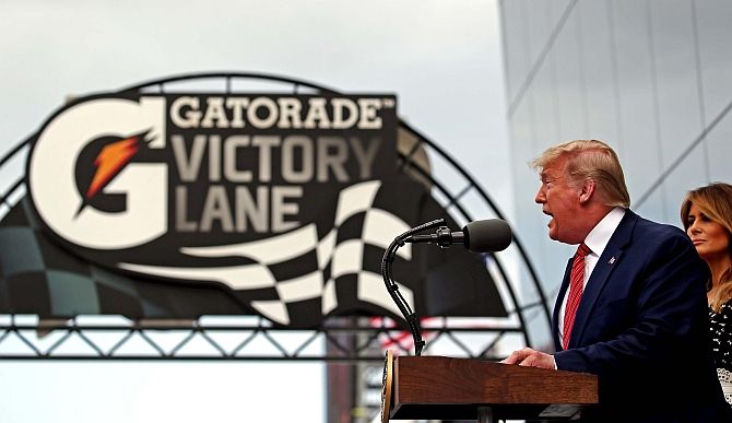 US President Donald Trump with First Lady Melania Trump at the Daytona 500, February 16, 2020. Photograph: Peter Casey-USA TODAY Sports/Reuters
