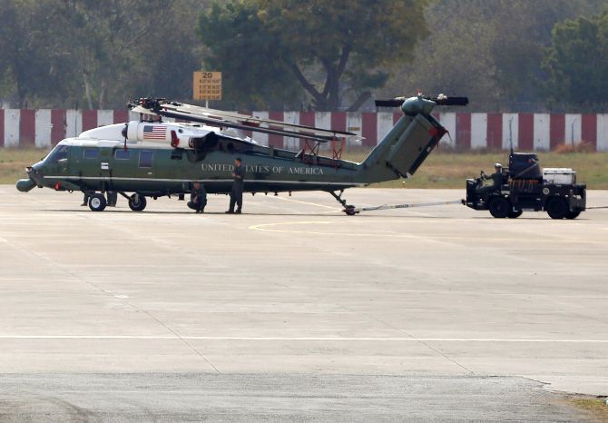 A US Hummingbird helicopter for US President Donald J Trump's visit arrives at Ahmedabad's Sardar Vallabhbhai Patel airport, ferried by a US air force cargo plane.