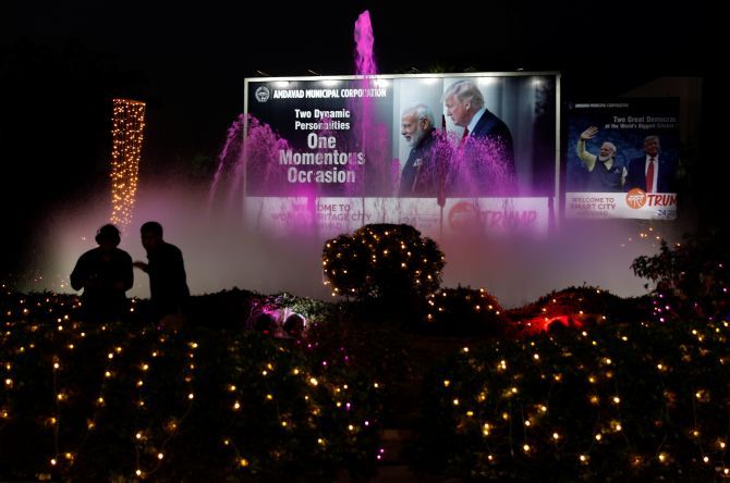 A hoarding with images of Prime Minister Narendra Damodardas Modi and United States President Donald J Trump along a road ahead of Trump's visit to Ahmedabad, February 22, 2020. Photograph: Adnan Abidi/Reuters