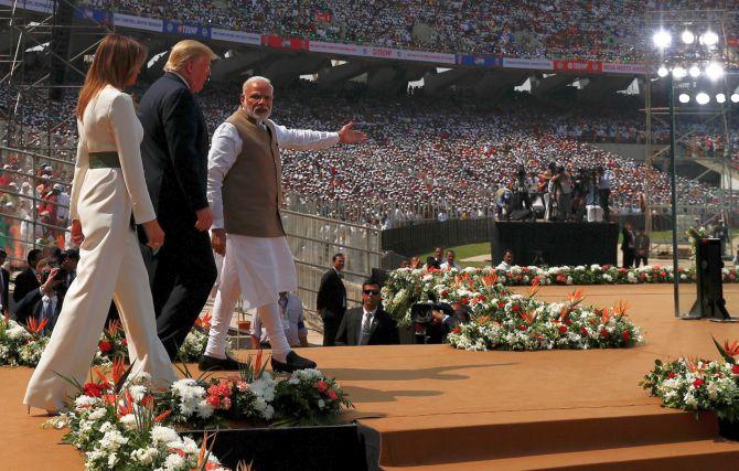 Prime Minister Narendra Damodardas Modi welcomes United States President Donald J Trump and his wife Melania Trump at the Namaste, Trump event in Ahmedabad, February 24, 2020.  Photograph: Al Drago/Reuters