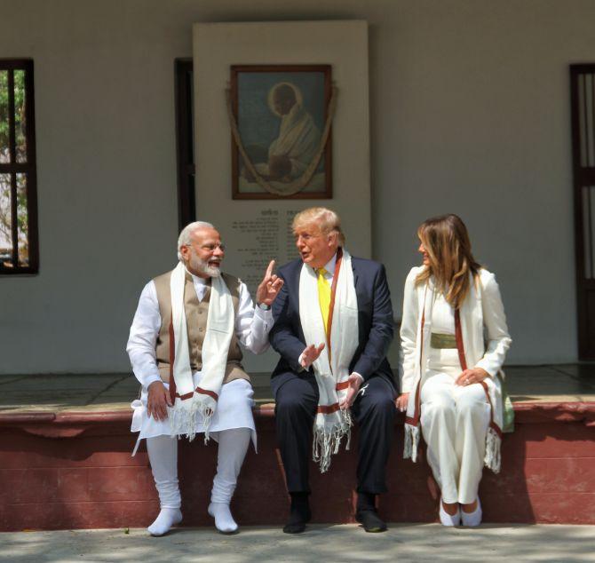 Prime Minister Narendra Damodardas Modi with United States President Donald J Trump and First Lady Melania Trump at the Sabarmati Ashram in Ahmedabad, February 24, 2020. Photograph: MEA/Flickr