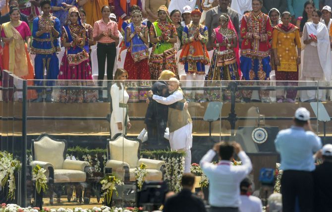 Prime Minister Narendra Damodardas Modi hugs United States President Donald Trump during the Namaste Trump event at the Motera Stadium in Ahmedabad, February 24, 2020. Photograph: Vijay Verma/PTI Photo