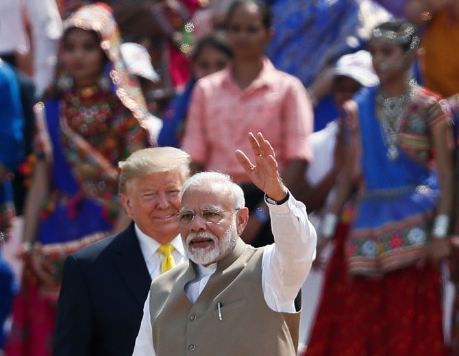 Prime Minister Narendra Damodardas Modi with United States President Donald J Trump at the Motera stadium in Ahmedabad, February 24, 2020. Photograph: Francis Mascarenhas/Reuters